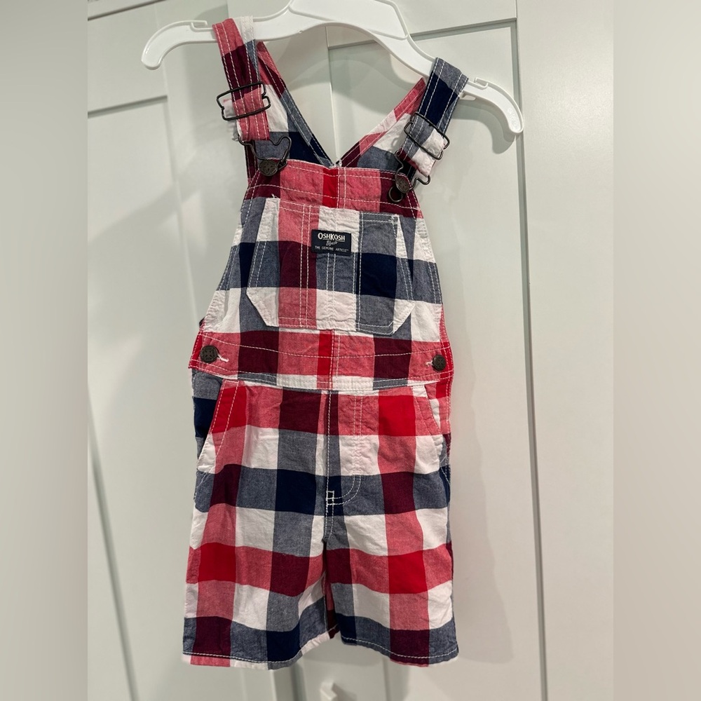 OshKosh B'gosh Red and Blue Plaid Shortalls- Sz 4T